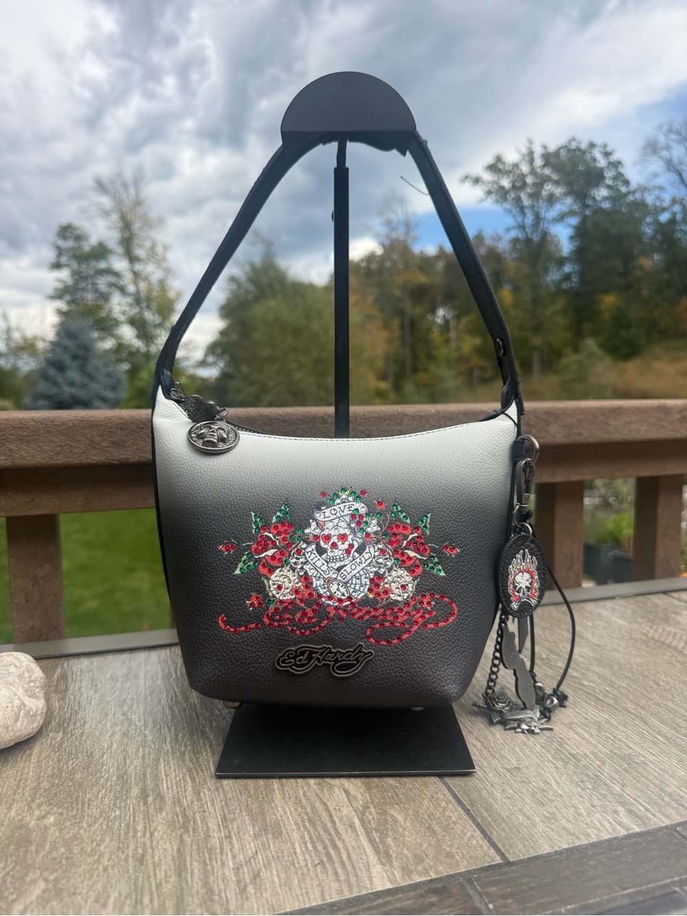 NWT Ed Hardy Black-to-White Ombre Skull & Rose Shoulder Bag